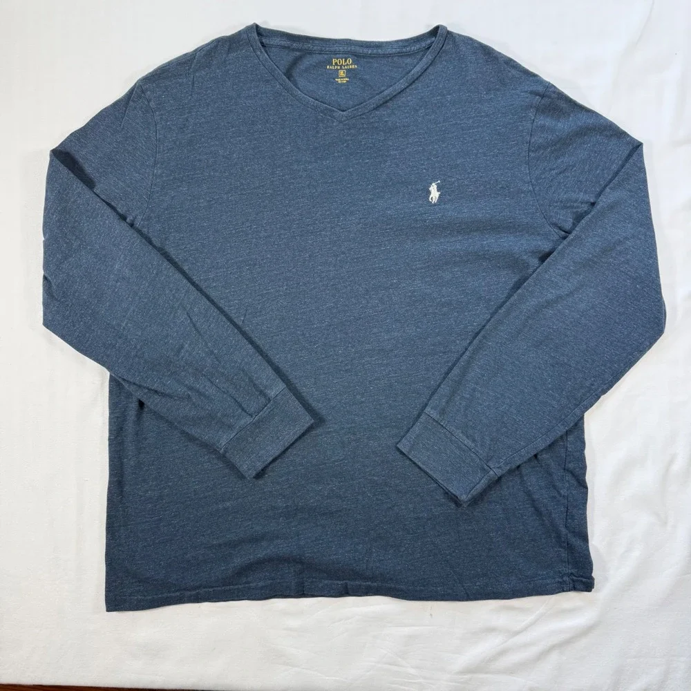 Polo Ralph Lauren Mens XL V-Neck Long Sleeve T-Shirt Heather Navy Blue Cotton